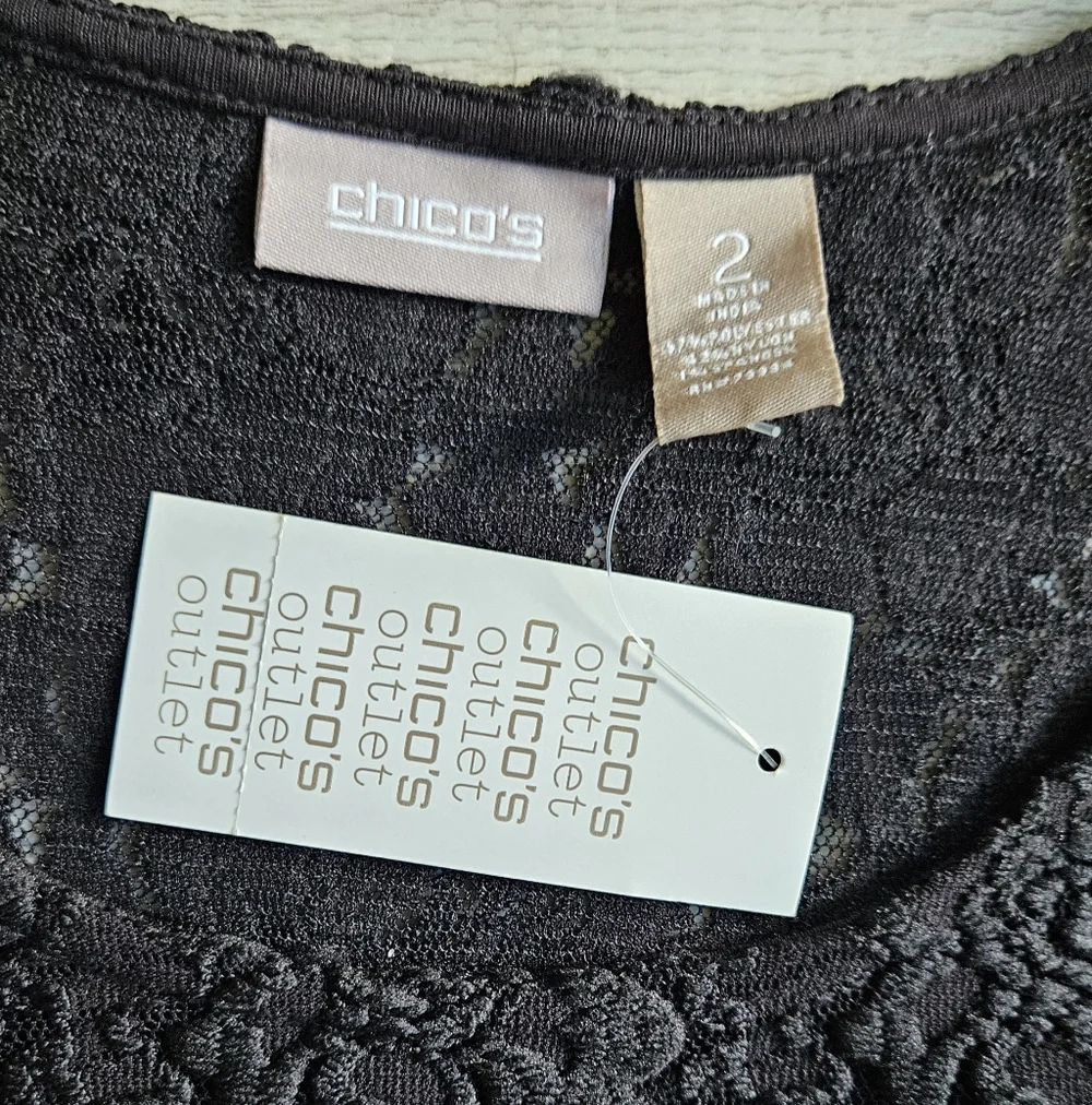 NWT Chico's Textured Black Lace Cap Sleeve Top Size 2 Womens Large - Picture 10 of 15